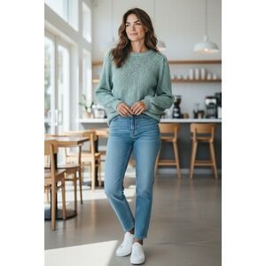 Womens Mint Green Crochet Knit Puff Sleeve Sweater Casual Elegant